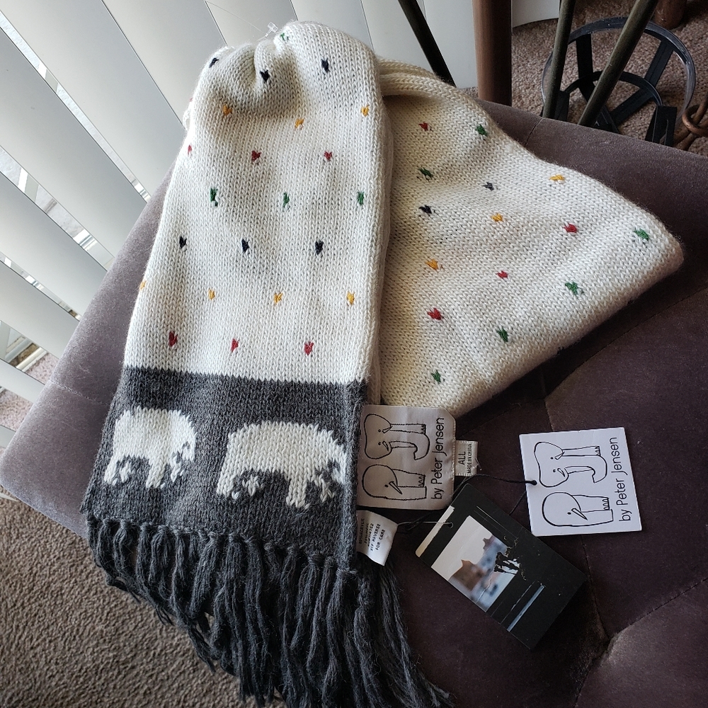 PETER JENSEN Knit Scarf Wool Blend Elephant Details with Fringe